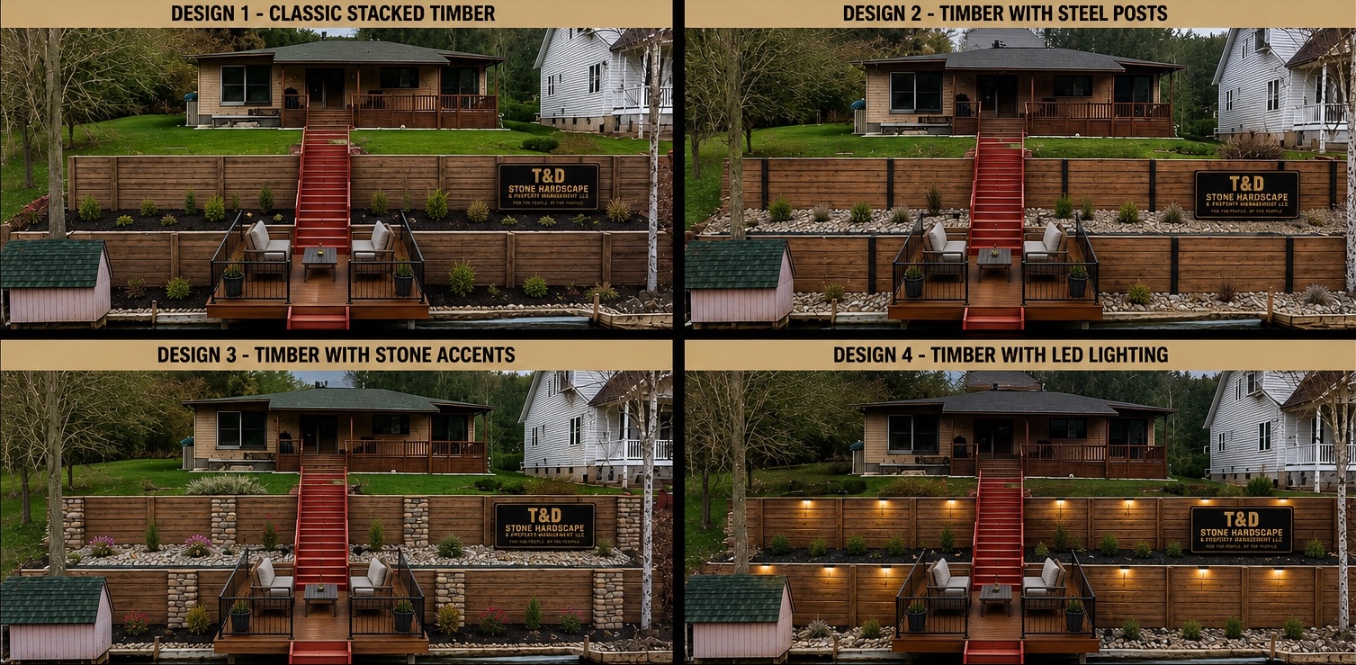 5ft Timber Retaining Wall Designs by T&D Concrete Solutions — Classic Stacked Timber, Timber with Steel Posts, Timber with Stone Accents, and Timber with LED Lighting